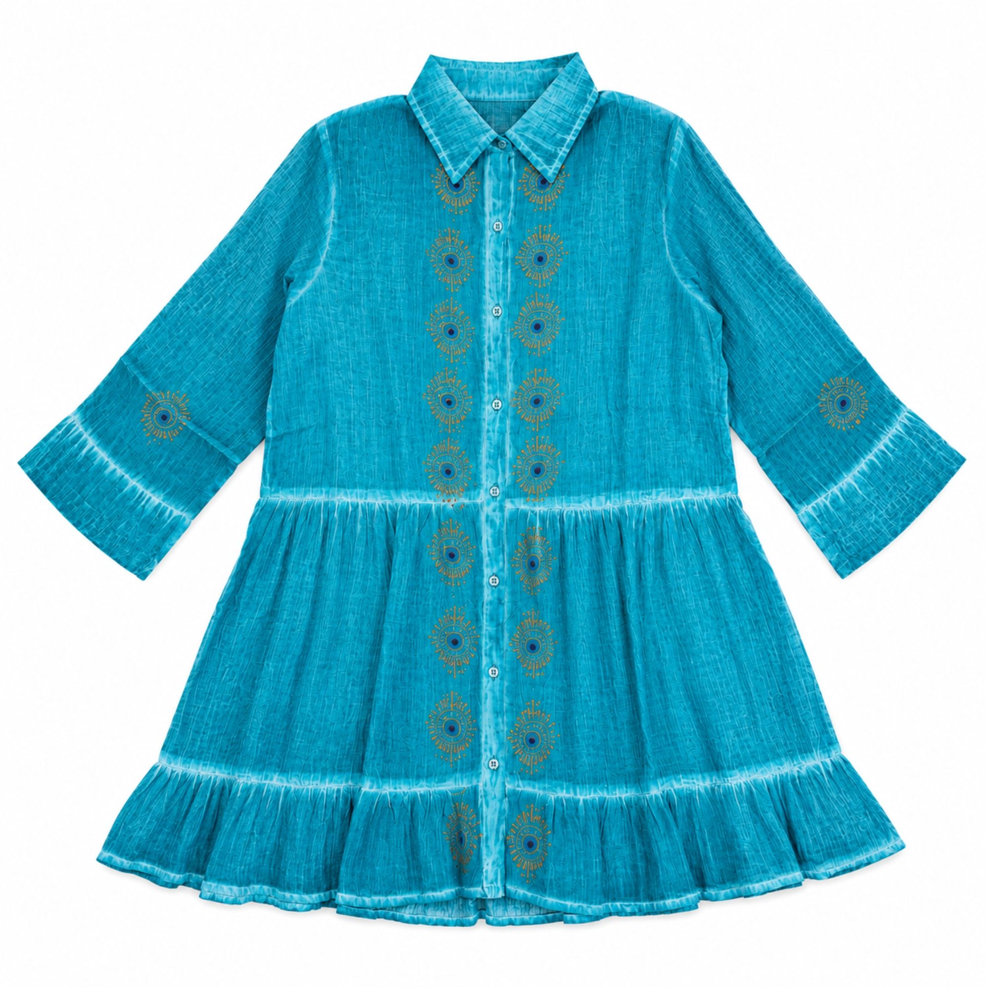 Nomad Sari en la Colección Med - vestido tipo túnica - turquesa con estampado en bloque del ojo turco (M-L) - Imagen 2