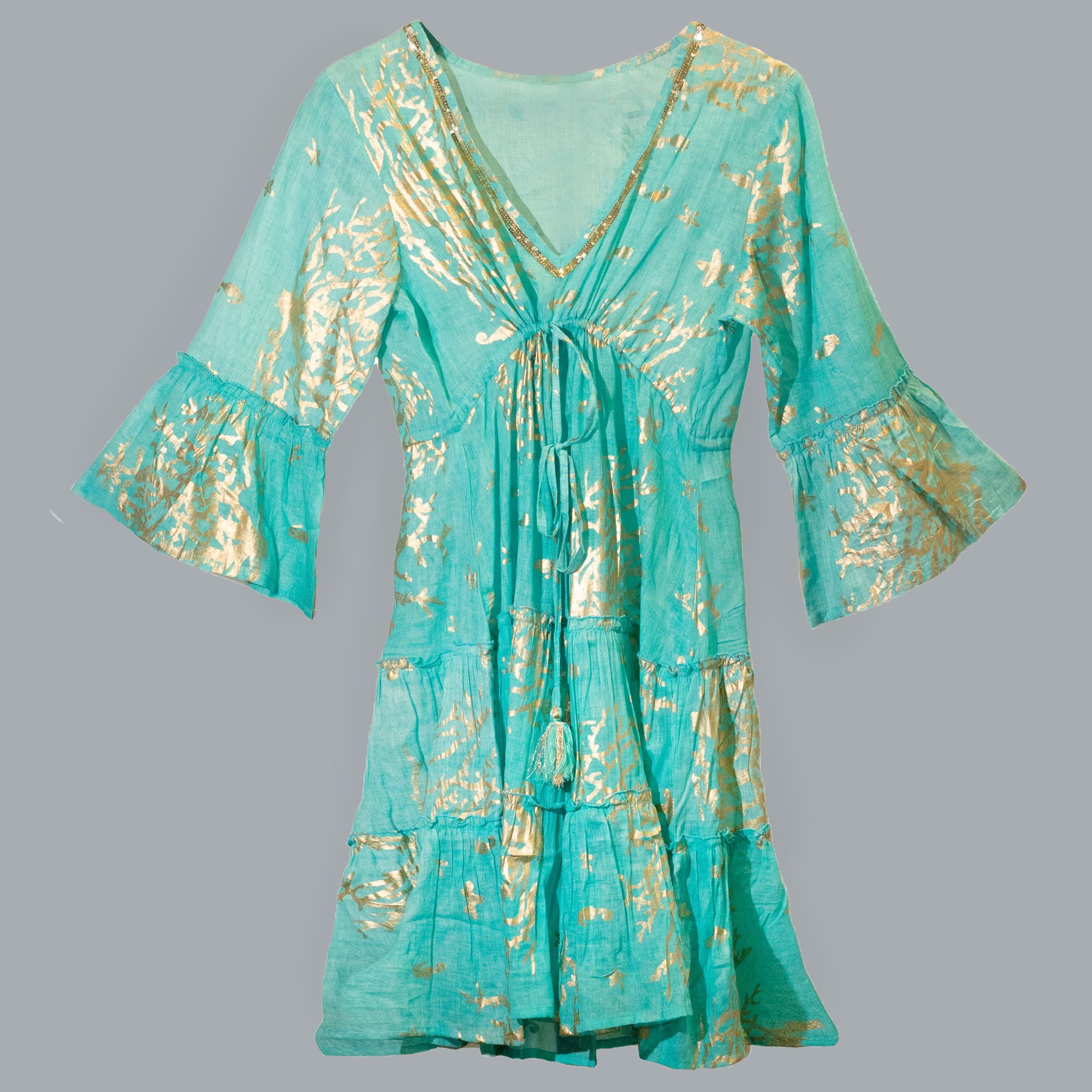 Nomad Sari En el Mediterráneo Turquesa y Dorado Estampado de Coral Vestido (M/L) - Imagen 5
