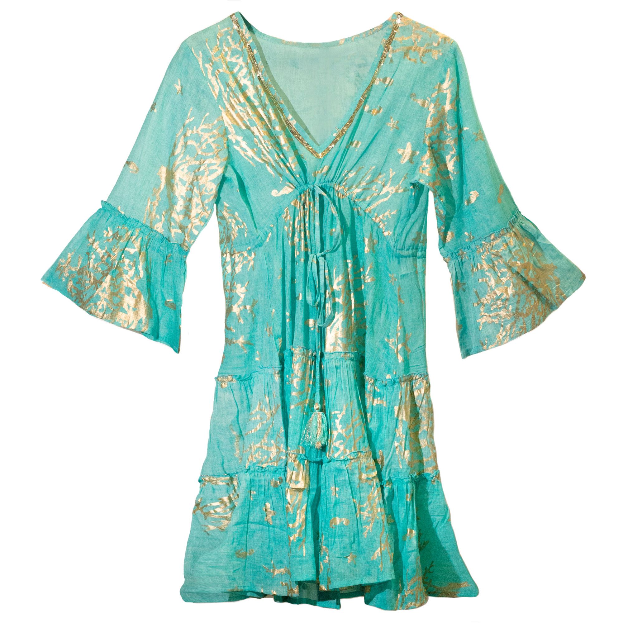 Nomad Sari En el Mediterráneo Turquesa y Dorado Estampado de Coral Vestido (M/L)
