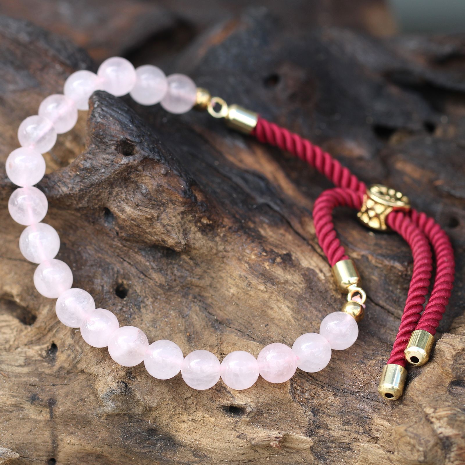 Pulsera de hilo burdeo con Cuarzo Rosa - Imagen 3